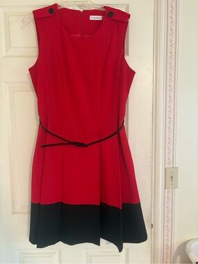 Calvin Klein Red with Black Hem Sleeveless Belted Fit-and-Flare Dress